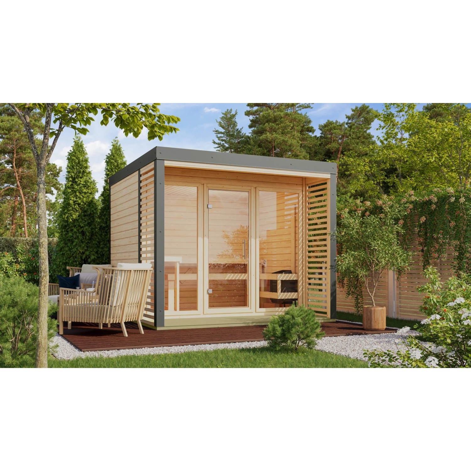Bild von Karibu Saunahaus Seros 3 Naturbelassen/Staubgrau mit Ofen 9 kW Bio Ext. Strg.