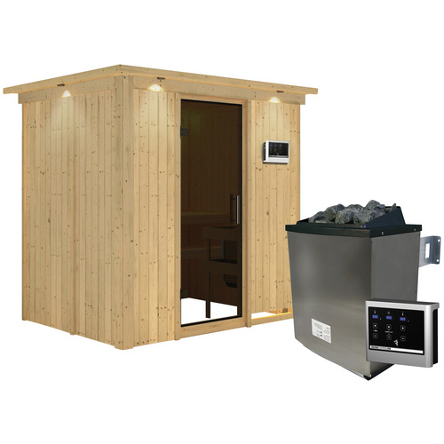 Bild von KARIBU Sauna »Kothla«, inkl. 9 kW Saunaofen mit externer Steuerung, für 3 Personen - beige