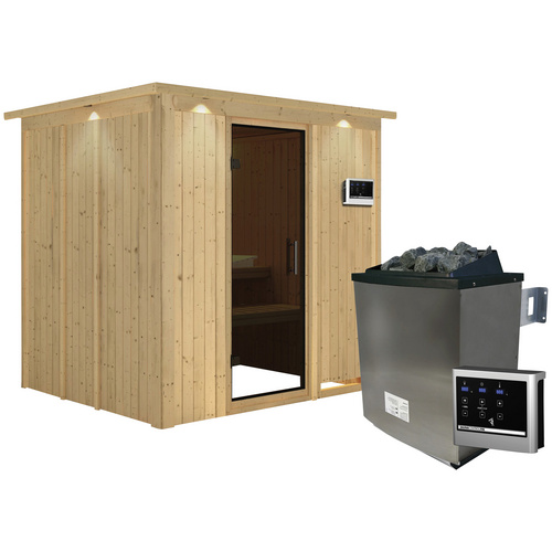 Bild von KARIBU Sauna »Rakvere«, inkl. 9 kW Saunaofen mit externer Steuerung, für 3 Personen - beige