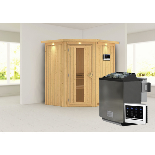 Bild von KARIBU Sauna »Narva«, inkl. 9 kW Bio-Kombi-Saunaofen mit externer Steuerung, für 3 Personen - beige