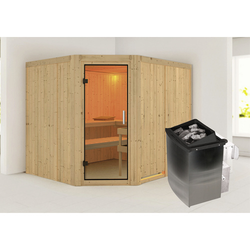Bild von KARIBU Sauna »Haaspsalu«, inkl. 9 kW Saunaofen mit integrierter Steuerung, für 4 Personen - beige