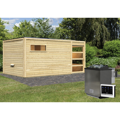 Bild von KARIBU Saunahaus »Walk«, BxTxH: 508 x 276 x 210 cm, 9 kW Bio-Kombi-Ofen mit ext. Steuerung - beige