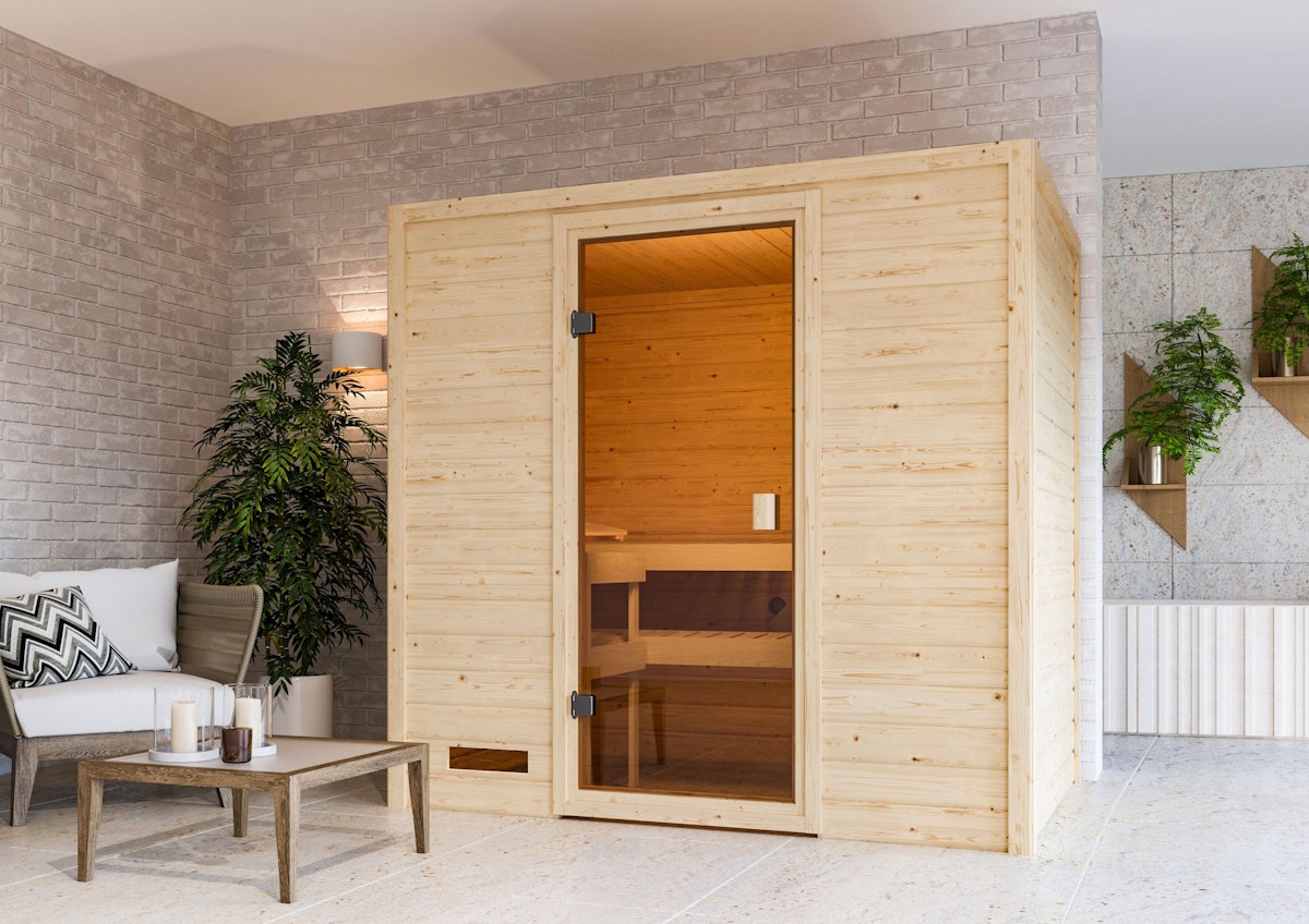 Bild von Karibu Woodfeeling Sauna Selena - 38 mm Bronzierte Ganzglastür Inkl. Dachkranz 3,6 kW Plug&Play Ofen integr. Steuerung inkl. 8-teiligem gratis Zubehörpaket (Gesamtwert 191,92€)