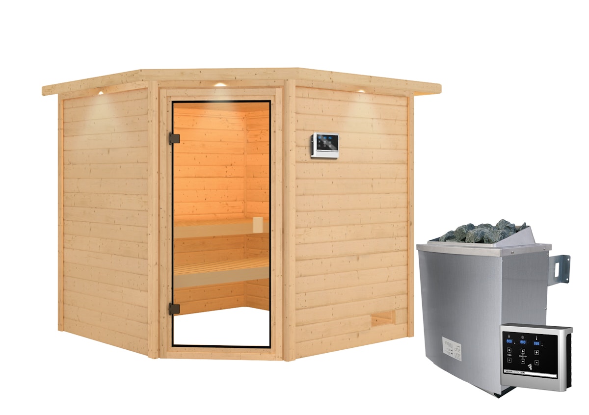 Bild von Karibu Woodfeeling Sauna Tilda - 38 mm Bronzierte Ganzglastür Inkl. Dachkranz 9 kW Ofen inkl. Steuergerät inkl. 8-teiligem gratis Zubehörpaket (Gesamtwert 191,92€)