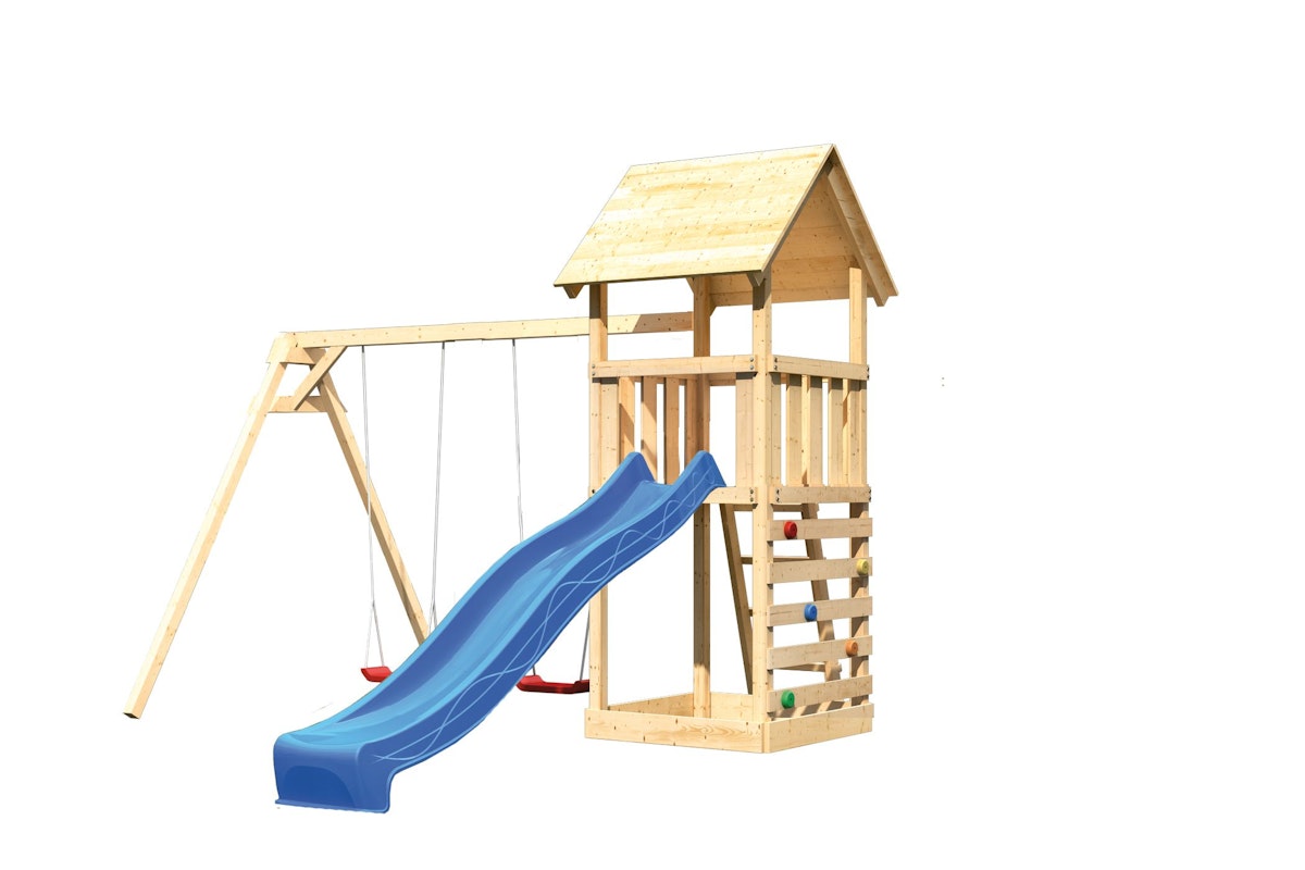 Bild von Akubi Kinderspielturm Lotti mit Satteldach inkl. Wellenrutsche, Doppelschaukelanbau und Kletterwand blau