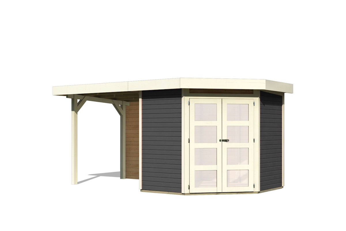 Bild von Karibu Gartenhaus Goldendorf 3 mit 240 cm Schleppdach und Rückwand - 19 mm-217 x 213 cm-terragrau 50% Aktions-Rabatt auf Dacheindeckung & gratis Gartenhaus-Pflegebox