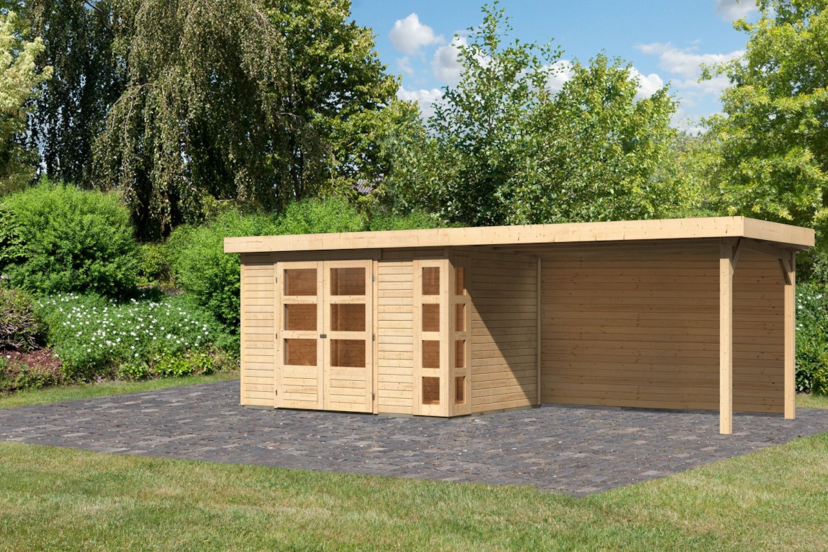 Bild von Karibu Gartenhaus Kerko 5 mit 280 cm Schleppdach inkl. Rückwand - 19 mm-302 x 246 cm-naturbelassen 50% Aktions-Rabatt auf Dacheindeckung & gratis Gartenhaus-Pflegebox