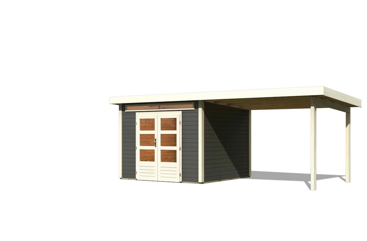 Bild von Karibu Gartenhaus Kandern 6 mit 300 cm Schleppdach - 28 mm-274 x 274 cm-terragrau 50% Aktions-Rabatt auf Dacheindeckung & gratis Gartenhaus-Pflegebox