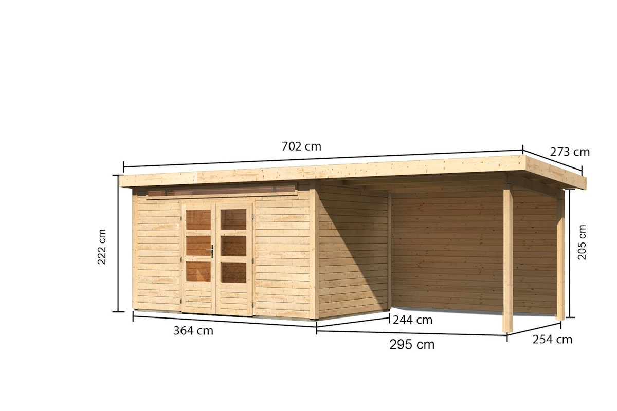 Bild von Karibu Gartenhaus Kandern 6 mit 300 cm Schleppdach und Rückwand – 28 mm-274 x 274 cm-terragrau 50% Aktions-Rabatt auf Dacheindeckung & gratis Gartenhaus-Pflegebox