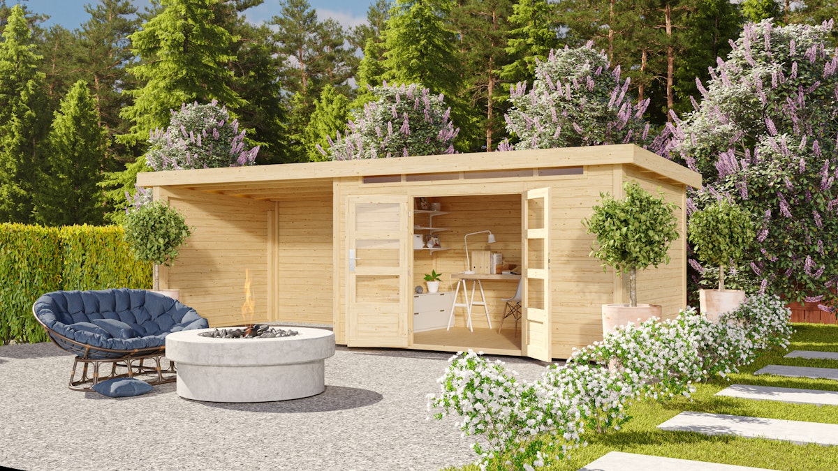 Bild von Karibu Gartenhaus Kandern 7 mit 300 cm Schleppdach und Rückwand – 28 mm-364 x 244 cm-terragrau 50% Aktions-Rabatt auf Dacheindeckung & gratis Gartenhaus-Pflegebox