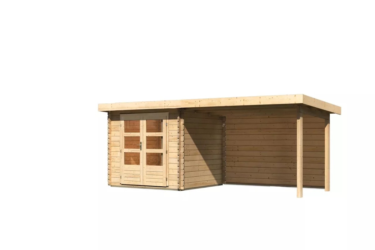 Bild von Karibu Gartenhaus Bastrup 2 inkl. 300 cm Schleppdach und Rückwand - 28 mm-237 x 237 cm-naturbelassen 50% Aktions-Rabatt auf Dacheindeckung & gratis Gartenhaus-Pflegebox