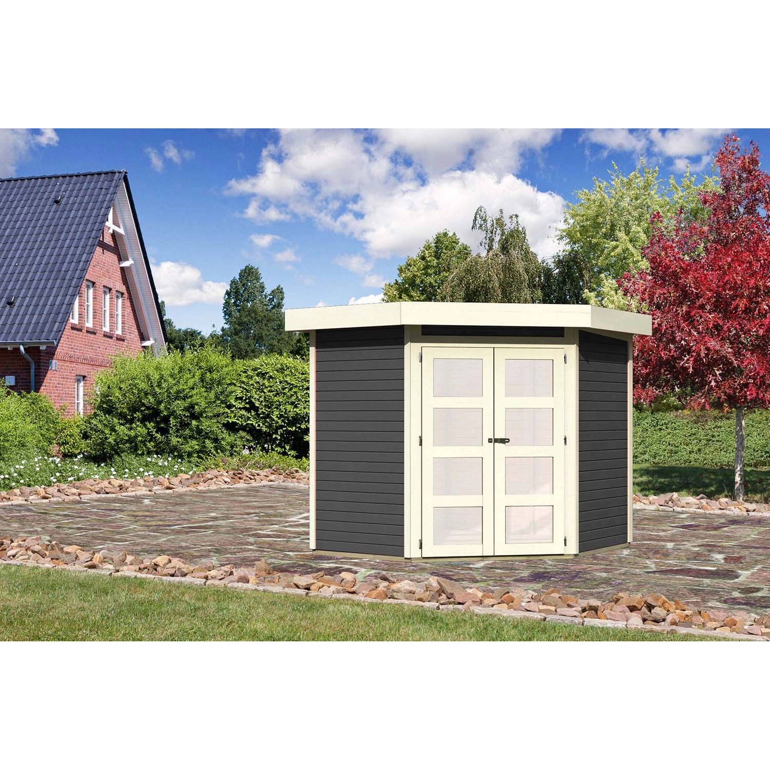 Bild von Karibu Holz-Gartenhaus Vilsbiburg Terragrau Flachdach Lackiert 209 cm x 213 cm