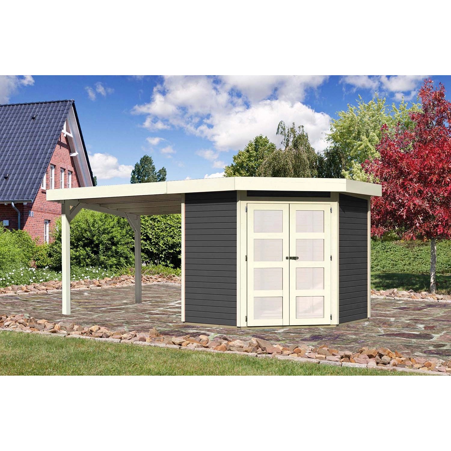 Bild von Karibu Holz-Gartenhaus Vilsbiburg Terragrau Flachdach Lackiert 209 cm x 213 cm