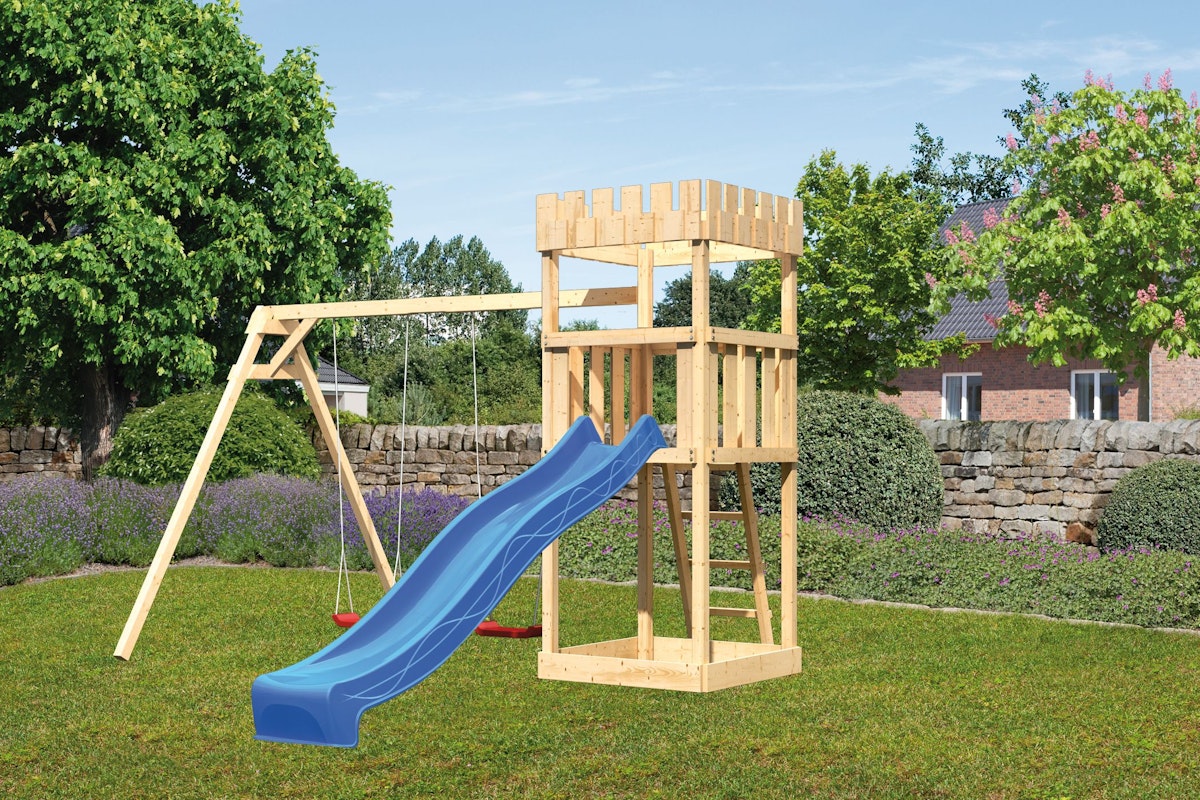 Bild von Akubi Kinderspielturm Ritterburg Löwenherz inkl. Wellenrutsche und Doppelschaukelanbau rot