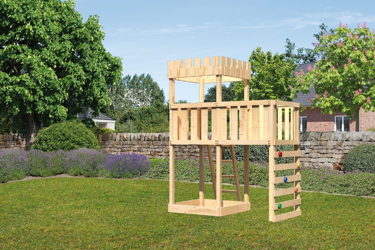 Bild von Akubi Kinderspielturm Ritterburg Löwenherz inkl. Anbauplattform und Kletterwand naturbelassen