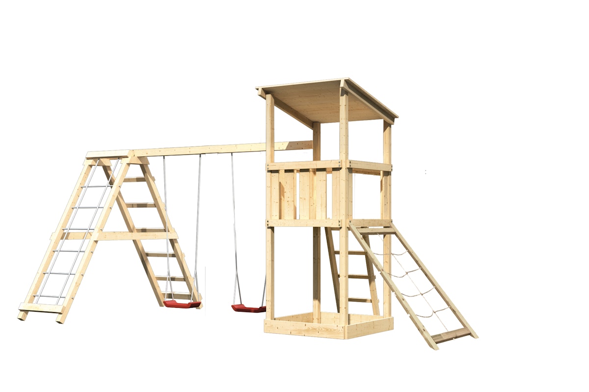 Bild von Akubi Kinderspielturm Anna mit Pultdach inkl. Netzrampe, Doppelschaukel und Klettergerüst naturbelassen