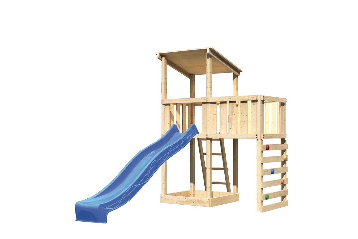 Bild von Akubi Kinderspielturm Anna mit Pultdach inkl. Anbauplattform, Wellenrutsche und Kletterwand blau
