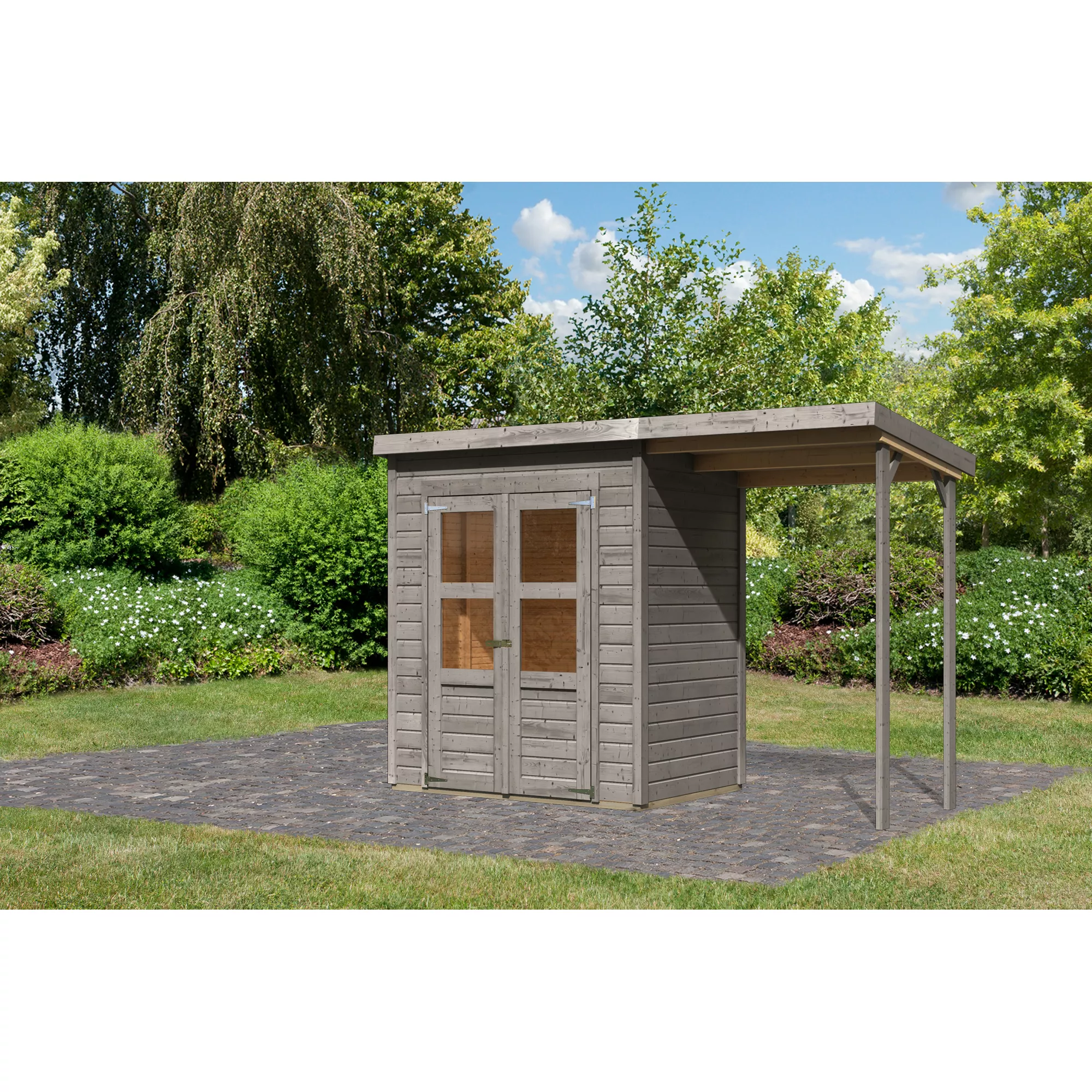 Bild von Karibu Gartenhaus-Set 'Berseburg 2' Fichtenholz vorvergraut mit Anbaudach 320 x 219 x 126 cm