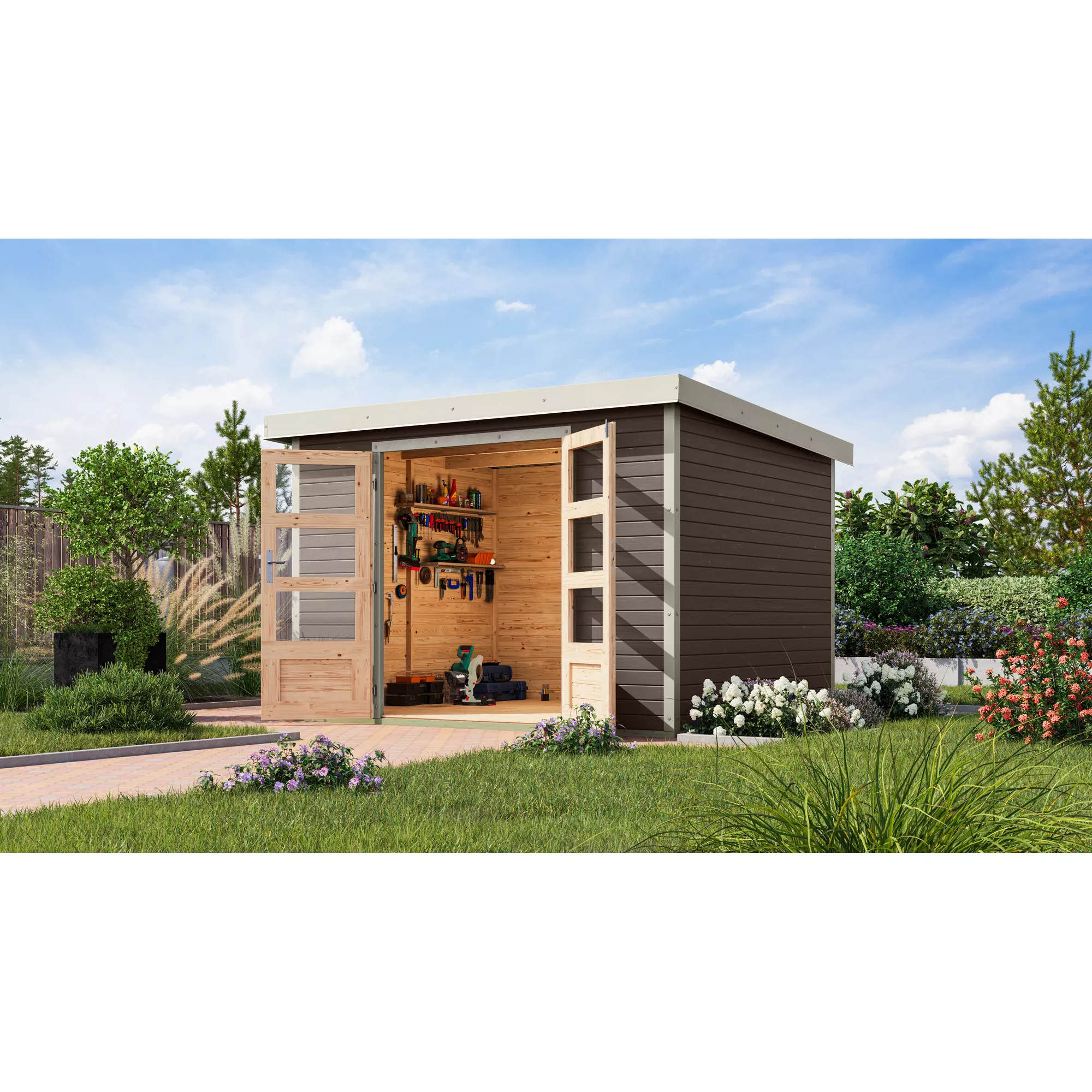 Bild von Karibu Gartenhaus 'Komet 5 B' Fichtenholz terragrau / weiß 298,5 x 209 x 242,5 cm