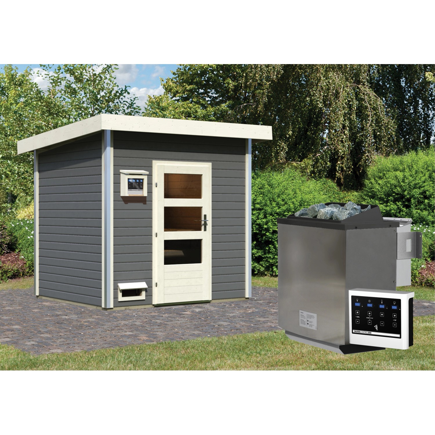 Bild von Karibu Saunahaus Norman mit Bio-Ofen 9kW und externe Steuerung Easy