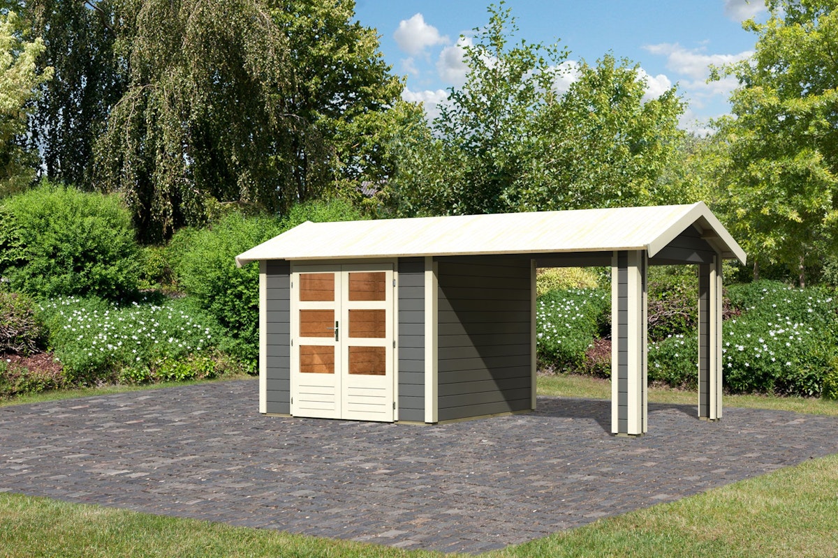 Bild von Karibu Gartenhaus Theres 3 Inkl. 2,6m  1 Dachausbauelement - 28mm-244 x 244 cm- terragrau  50% Aktions-Rabatt auf Dacheindeckung & gratis Gartenhaus-Pflegebox