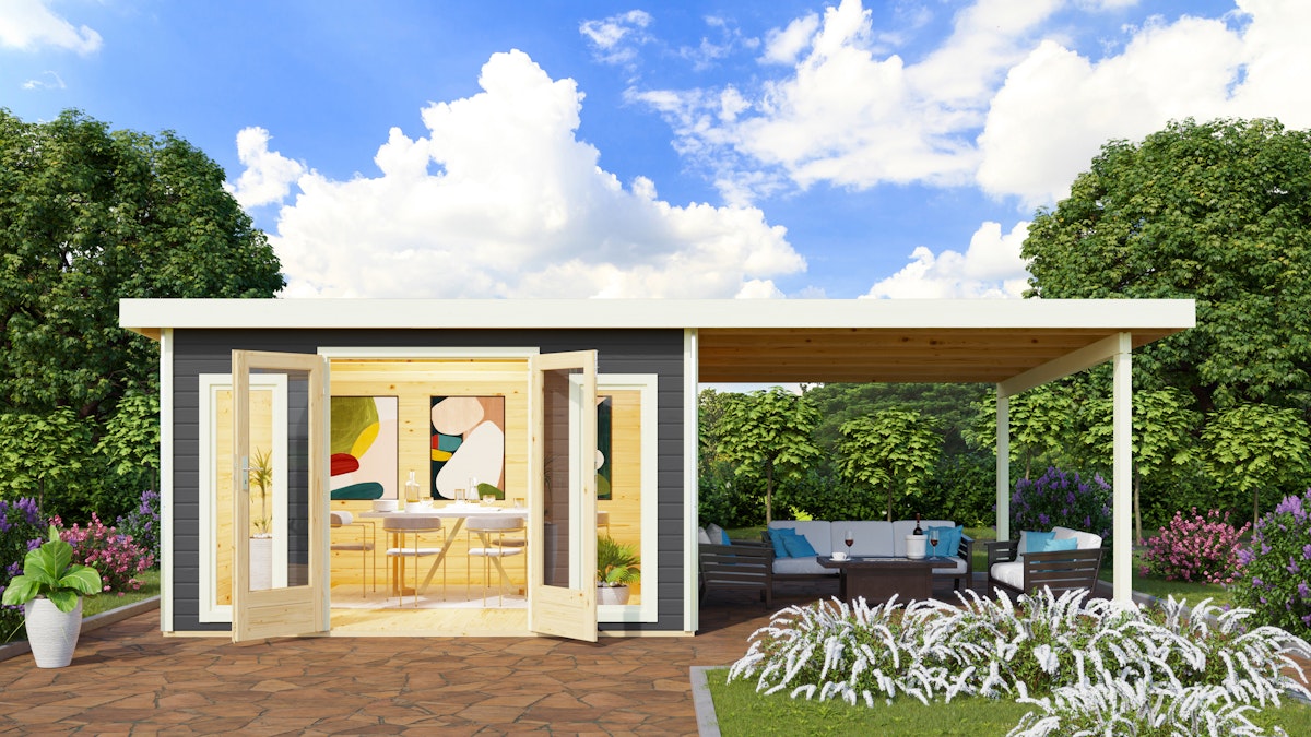 Bild von Karibu Premium Gartenhaus Radeburg 3 inkl. 3,30m Schleppdach und Rückwand - 40mm-369 x 369 cm- terragrau 50% Aktions-Rabatt auf Dacheindeckung & gratis Gartenhaus-Pflegebox