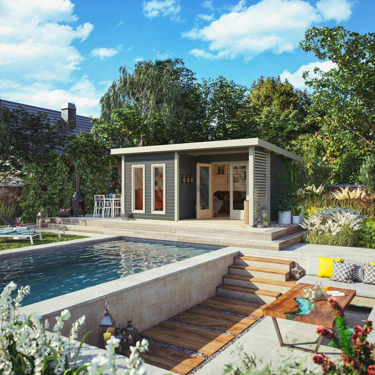Bild von Karibu Premium Gartenhaus Radeburg 5 - 40mm-509 x 369 cm- terragrau  50% Aktions-Rabatt auf Dacheindeckung & gratis Gartenhaus-Pflegebox