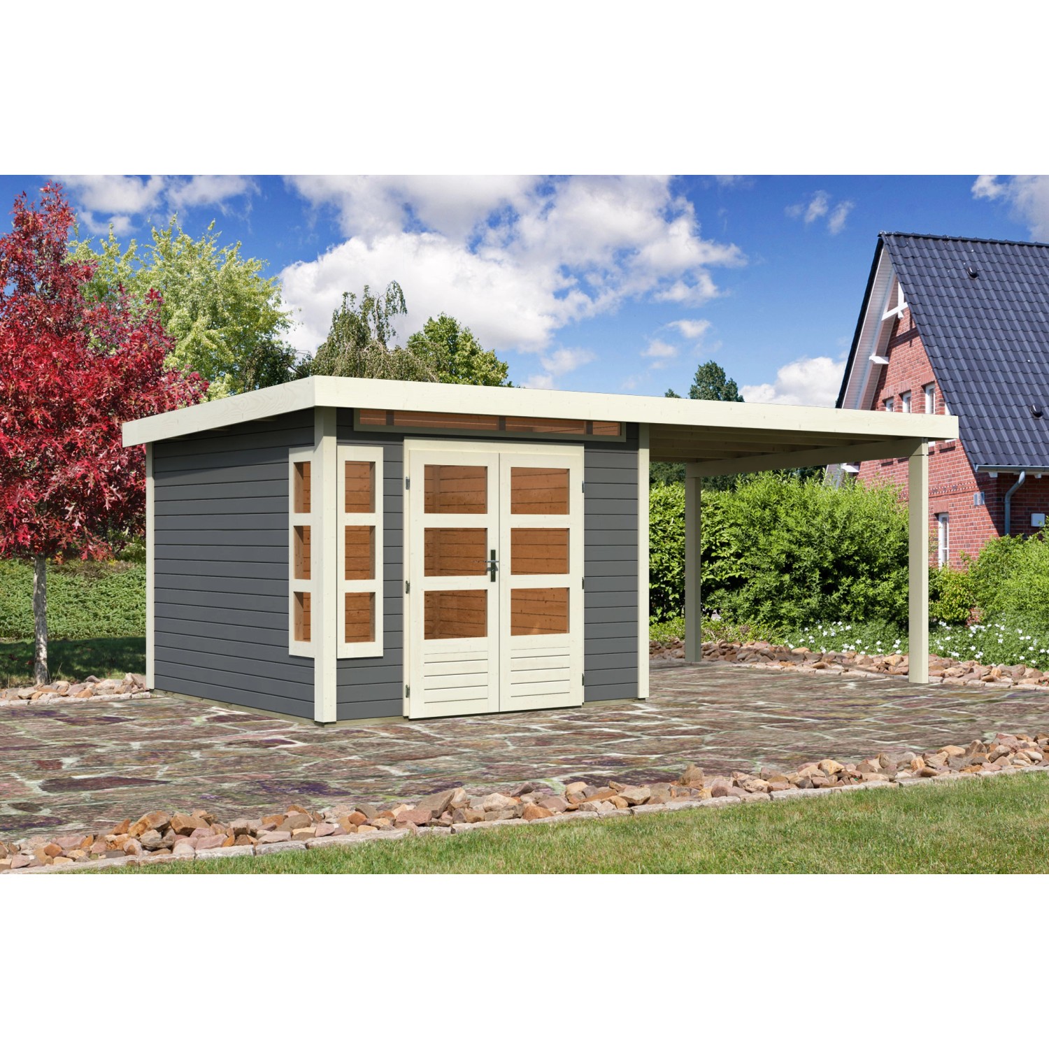 Bild von Karibu Holz-Gartenhaus Kastberg Terragrau Flachdach Lackiert 270 cm x 270 cm