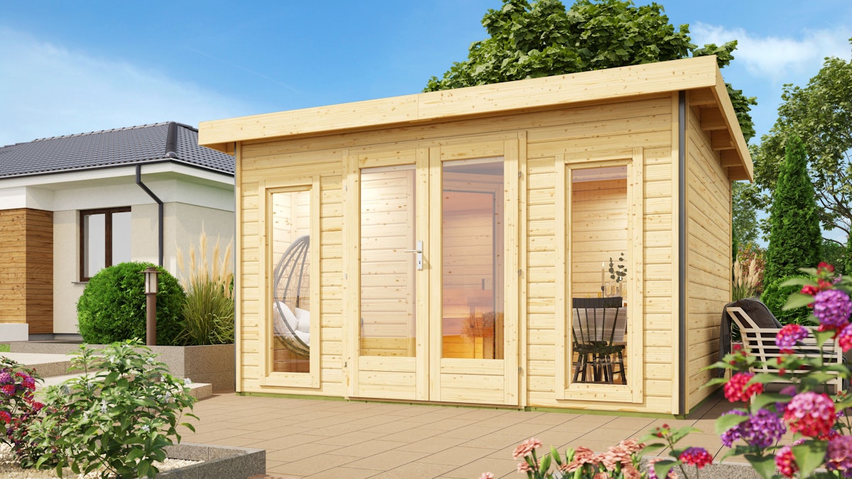 Bild von Karibu Saunahaus Mainburg 2 mit Vorraum - 38 mmnaturbelassen Set A (Sauna B 2 x T 1,7 m mit 2 Liegen 57 cm) 9 kW Ofen inkl. Steuergerät inkl. 8-teiligem gratis Zubehörpaket (Gesamtwert 191,92€)
