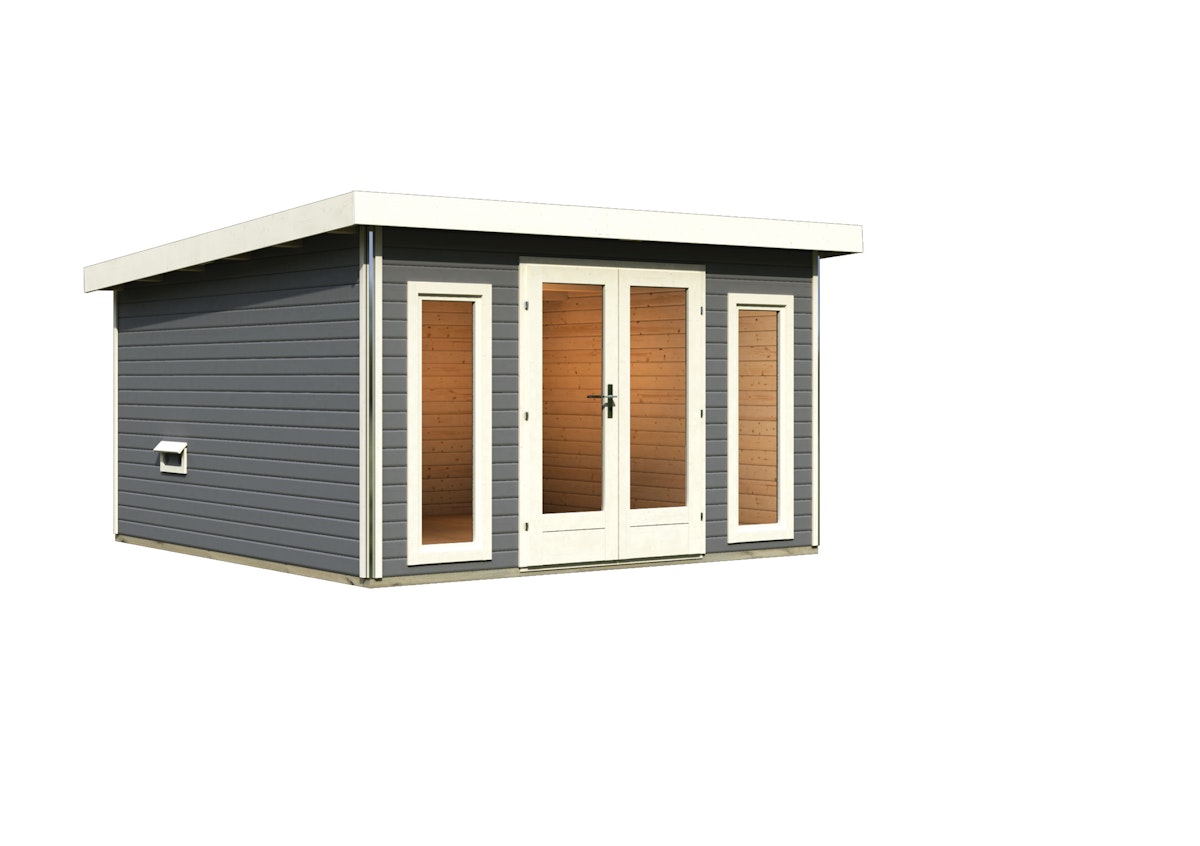 Bild von Karibu Saunahaus Mainburg 3 mit Vorraum - 38 mm terragrau Set B (Sauna B 2,25 x T 1,9 m mit 3 Liegen 57/52 cm) Ohne Ofen inkl. 8-teiligem gratis Zubehörpaket (Gesamtwert 191,92€)