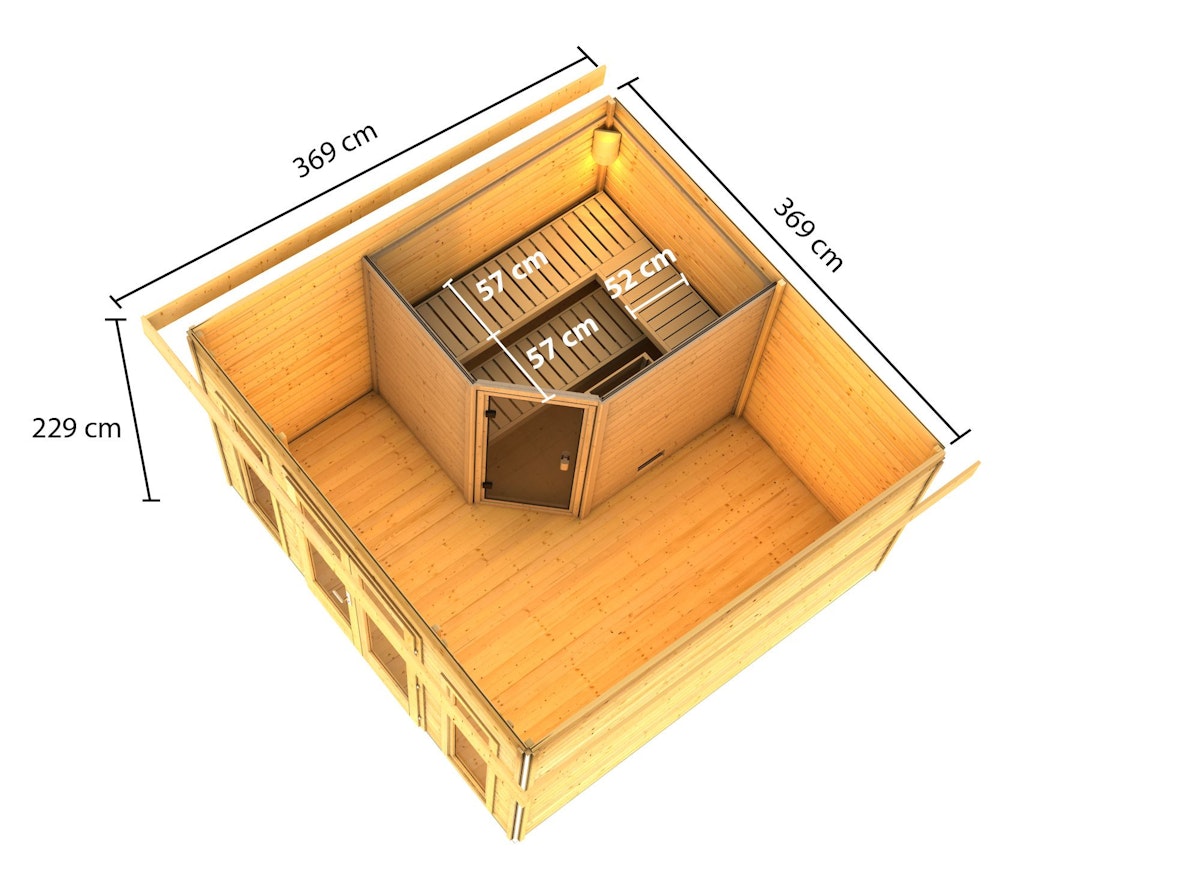 Bild von Karibu Saunahaus Mainburg 3 mit Vorraum - 38 mm terragrau Set B (Sauna B 2,25 x T 1,9 m mit 3 Liegen 57/52 cm) 9 kW Ofen inkl. Steuergerät, inkl. 8-teiligem gratis Zubehörpaket (Gesamtwert 191,92€)