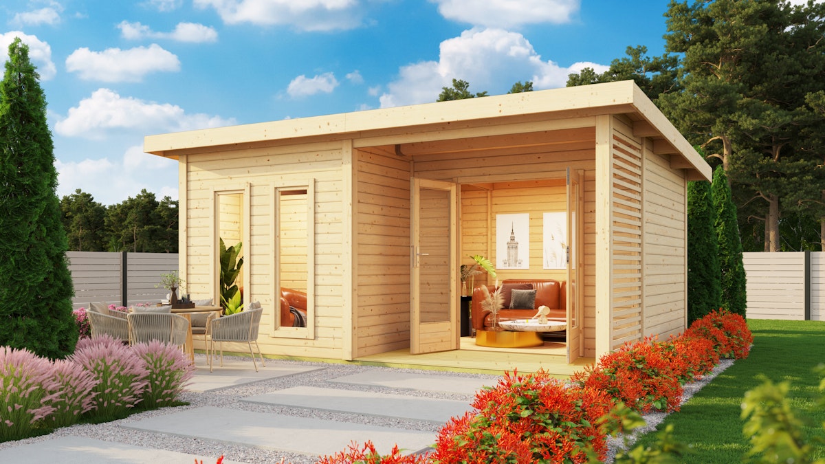 Bild von Karibu Saunahaus Mainburg 5 mit Vorraum - 38 mm naturbelassen Set A (Sauna B 2 x T 1,7 m mit 2 Liegen 57 cm) 9 kW Bio-Kombiofen inkl. Steuergerät inkl. 8-teiligem gratis Zubehörpaket (Gesamtwert 191,92€)