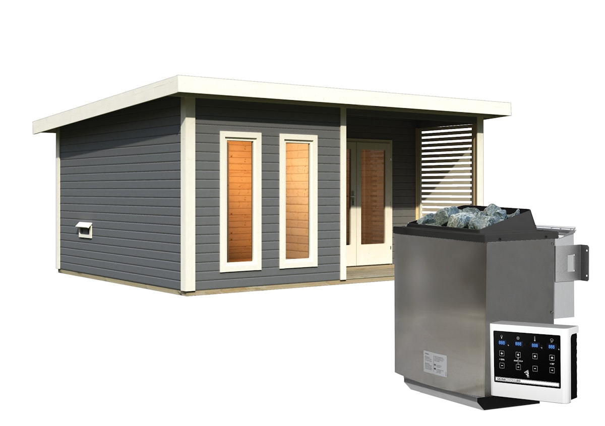 Bild von Karibu Saunahaus Mainburg 5 mit Vorraum - 38 mm terragrau Set B (Sauna B 2,25 x T 1,9 m mit 3 Liegen 57/52 cm) 9 kW Bio-Kombiofen inkl. Steuergerät inkl. 8-teiligem gratis Zubehörpaket (Gesamtwert 191,92€)