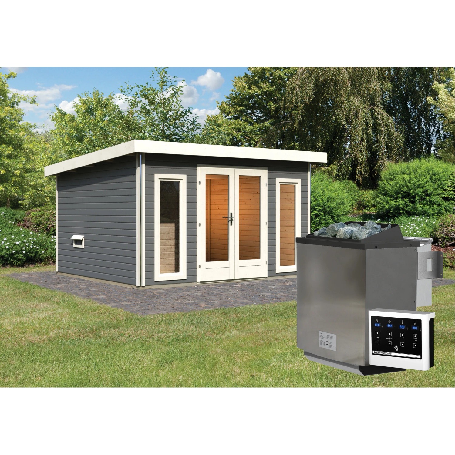 Bild von Saunahaus Magnus 2-Set A Terragrau inkl. Ofen 9 kW Bio ext. Strg.