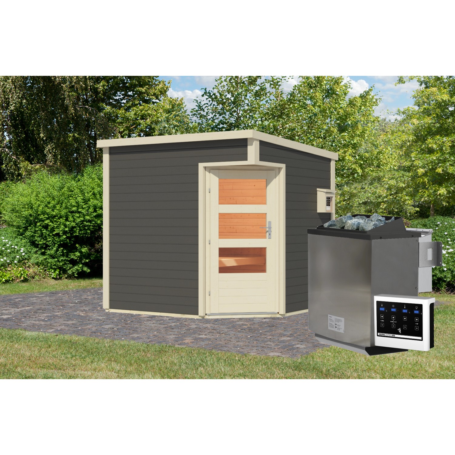 Bild von Saunahaus Patrik-Set Terragrau inkl. Ofen 9 kW Bio ext. Strg.
