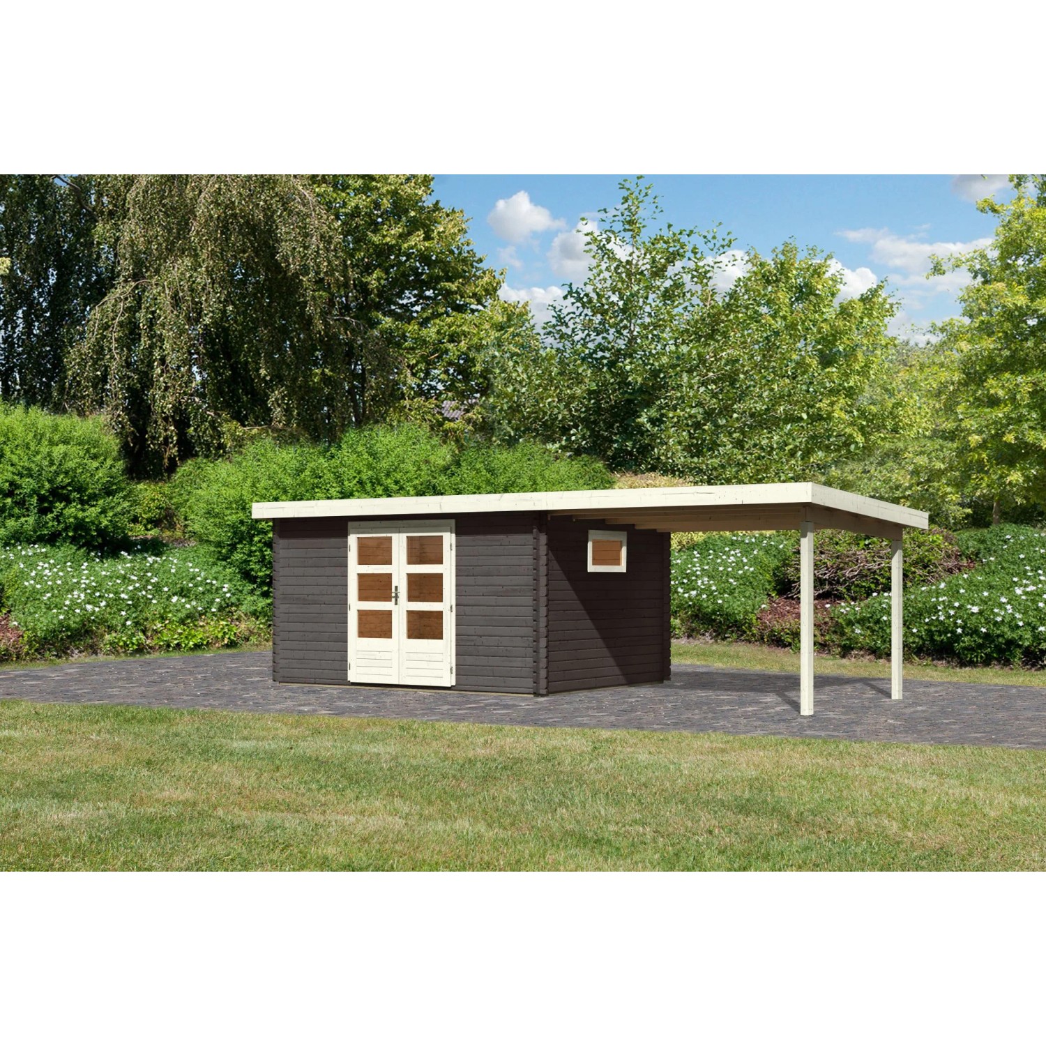 Bild von Karibu Gartenhaus Jeebel 5 Terragrau 669 cm x 297 cm mit Anbaudach