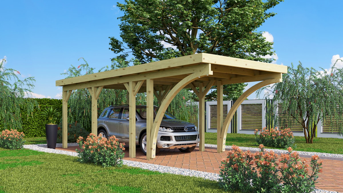 Bild von Karibu Carport Einzelcarport Classic Einzel 2 Stahldach, 1 Rundbogen (Holzcarport) inkl. gratis H-Pfostenanker