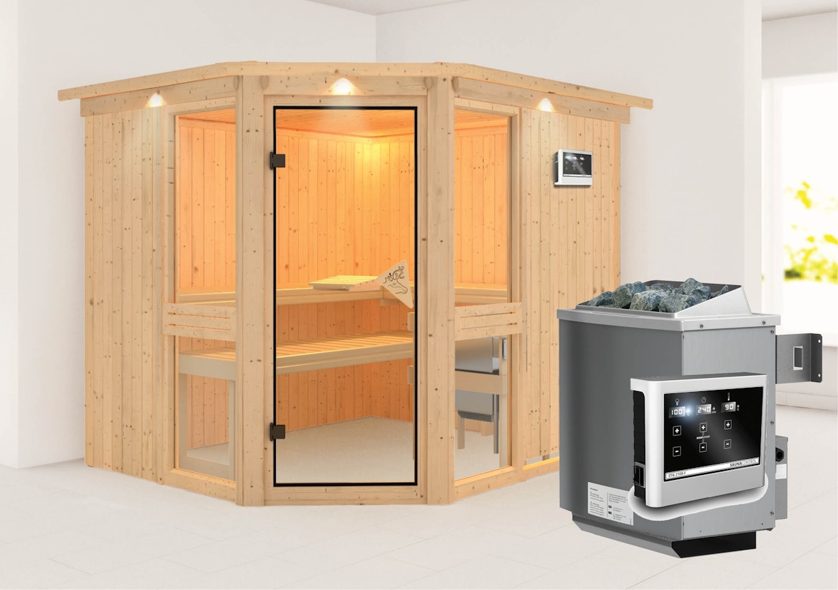 Bild von Karibu Amelia 3 - Sauna mit Eckeinstieg 68 mm-9 kW Ofen inkl. Steuergerät-ohne Dachkranz inkl. 8-teiligem gratis Zubehörpaket (Gesamtwert 191,92€)