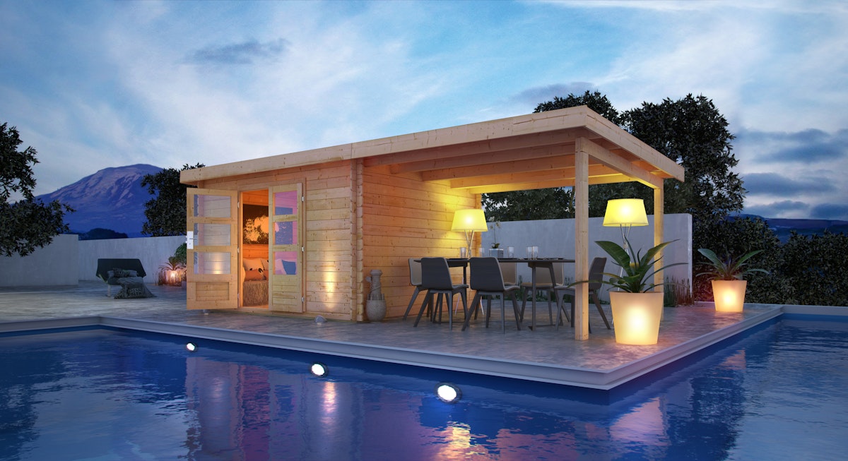 Bild von Karibu Gartenhaus Bastrup 7 - 28 mm-357 x 297 cm- naturbelassen 50% Aktions-Rabatt auf Dacheindeckung & gratis Gartenhaus-Pflegebox