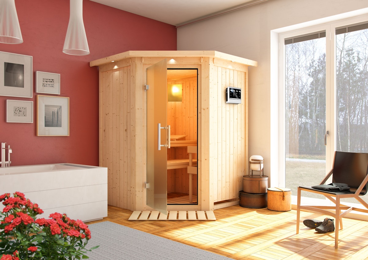 Bild von Karibu Sauna Larin mit Eckeinstieg 68 mm-9 kW Bio-Kombiofen inkl. Steuergerät-inkl. Dachkranz- Energiesparende Saunatür inkl. 8-teiligem gratis Zubehörpaket (Gesamtwert 191,92€)