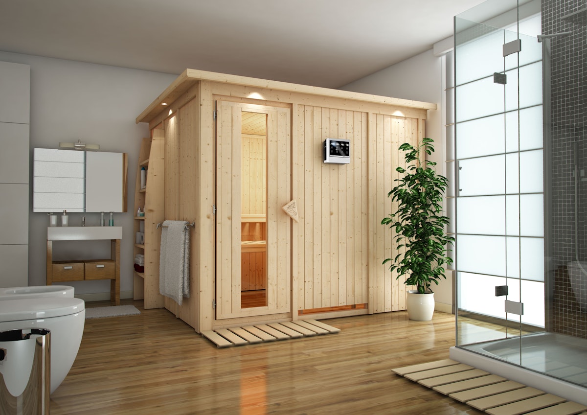 Bild von Karibu Sauna Gobin mit Fronteinstieg 68 mm-9 kW Ofen inkl. Steuergerät-inkl. Dachkranz- Energiesparende Saunatür inkl. 8-teiligem gratis Zubehörpaket (Gesamtwert 191,92€)