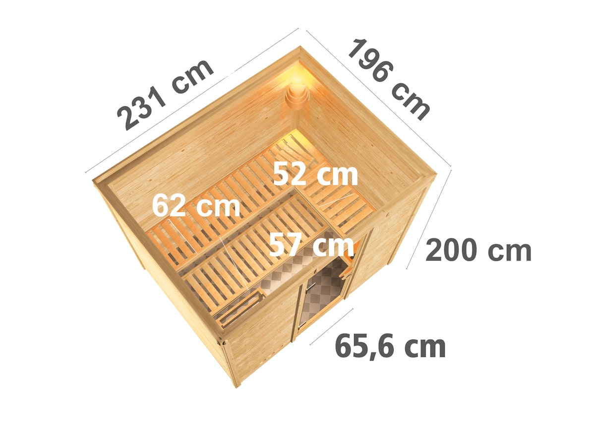Bild von Karibu Sonara - Massivholzsauna mit Fronteinstieg 40 mm-9 kW Bio-Kombiofen inkl. Steuergerät-ohne Dachkranz- Energiesparende Saunatür inkl. 8-teiligem gratis Zubehörpaket (Gesamtwert 191,92€)