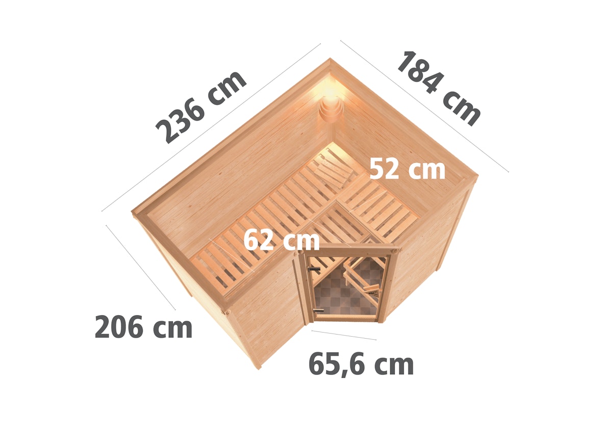Bild von Karibu Sahib 2-Sauna 40mm -Eckeinstieg - Exklusivoptik-9 kW Ofen inkl. Steuergerät-inkl. Dachkranz-Ganzglastür in Graphit-Optik inkl. 8-teiligem gratis Zubehörpaket (Gesamtwert 191,92€)