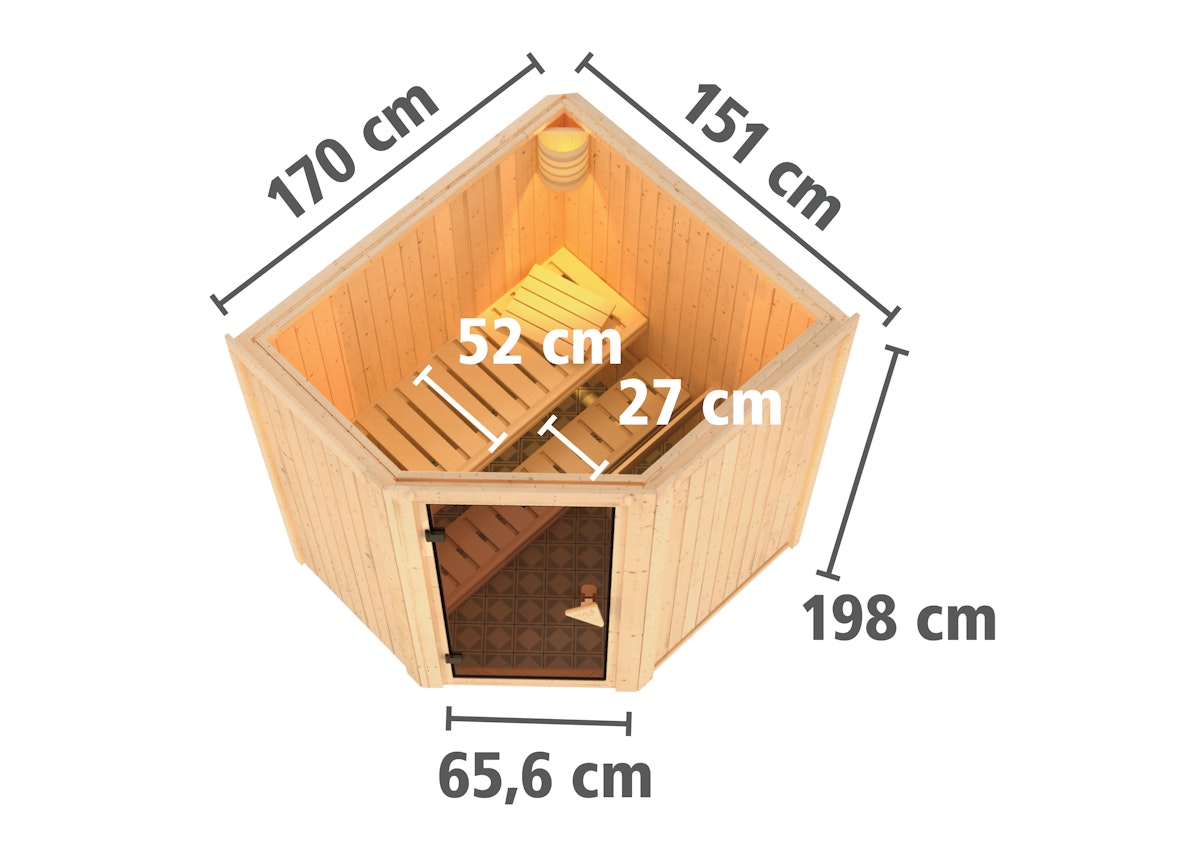 Bild von Karibu Sauna Taurin mit Eckeinstieg 68 mm-9 kW Ofen integr. Steuerung-Inkl. Dachkranz-Ganzglastür in Graphit-Optik inkl. 8-teiligem gratis Zubehörpaket (Gesamtwert 191,92€)