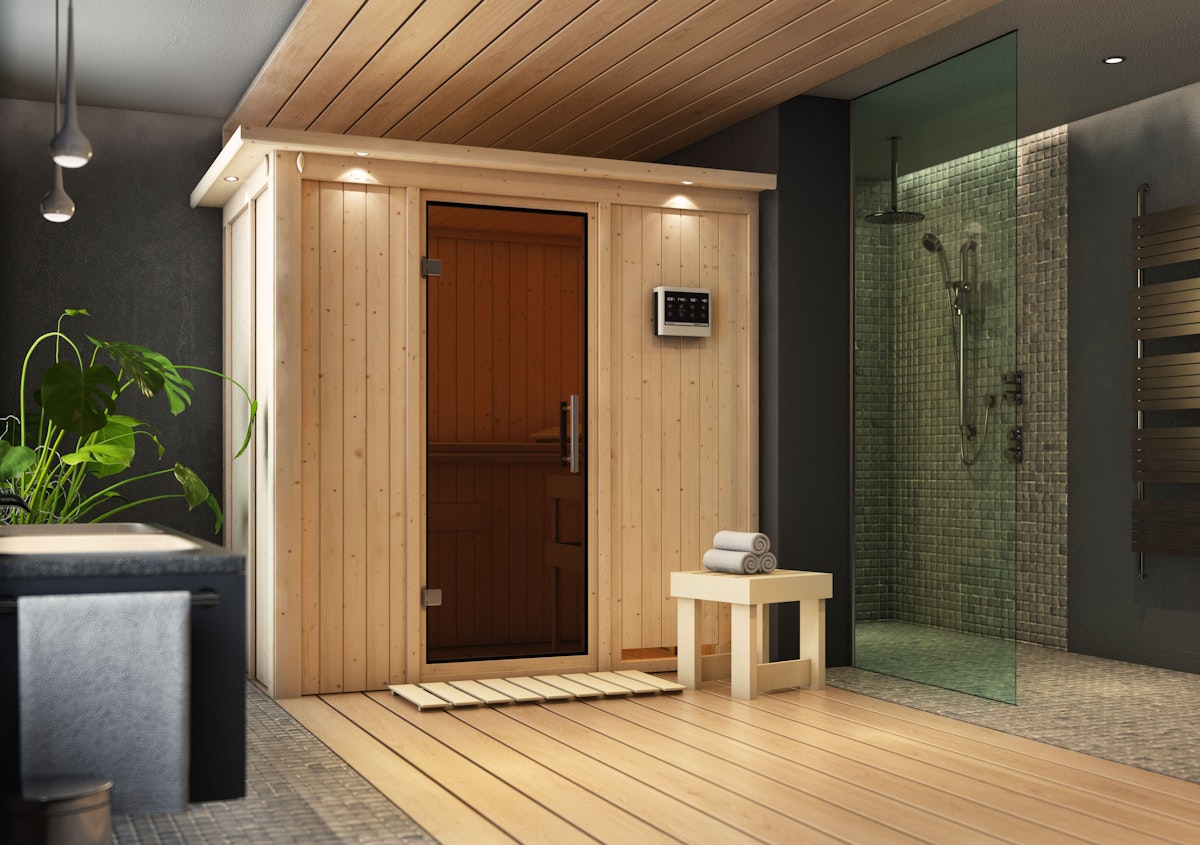 Bild von Karibu Sauna Variado mit Fronteinstieg 68 mm - 9 kW Bio-Kombiofen inkl. Steuergerät-Bronzierte Ganzglastür-Inkl. Dachkranz inkl. 8-teiligem gratis Zubehörpaket (Gesamtwert 191,92€)