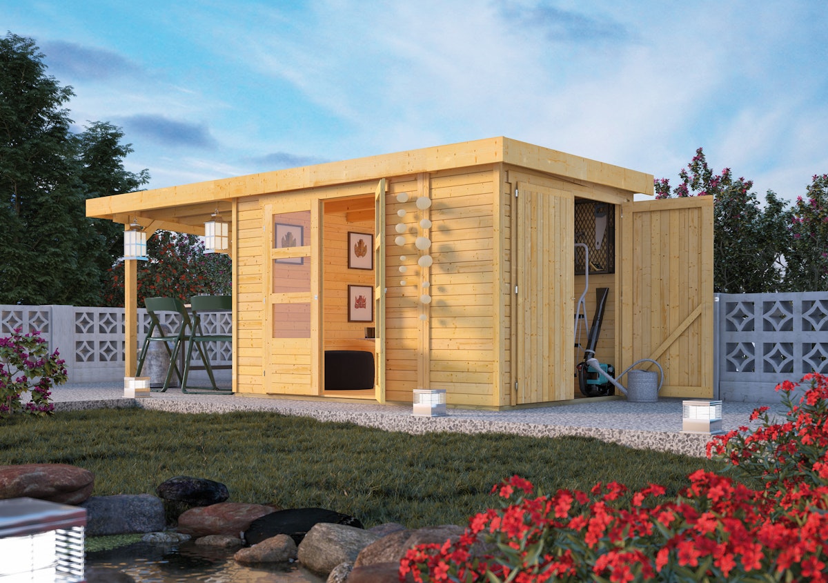 Bild von Karibu Gartenhaus Retola 2 inkl. Anbauschrank - 19 mm-288 x 217 cm-naturbelassen 50% Aktions-Rabatt auf Dacheindeckung & gratis Gartenhaus-Pflegebox