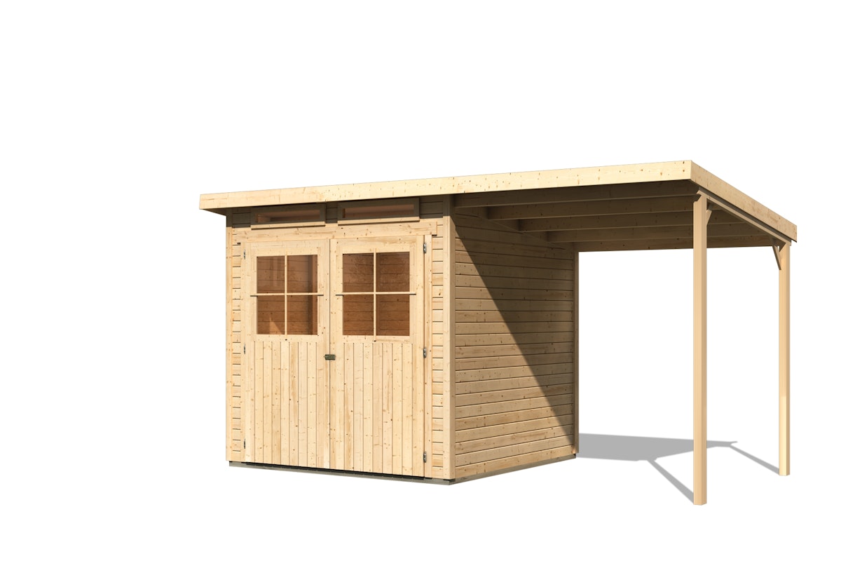 Bild von Karibu Eco Gartenhaus Glücksburg 3 mit 190 cm Schleppdach - 19mm-213 x 217 cm-naturbelassen 50% Aktions-Rabatt auf Dacheindeckung & gratis Gartenhaus-Pflegebox