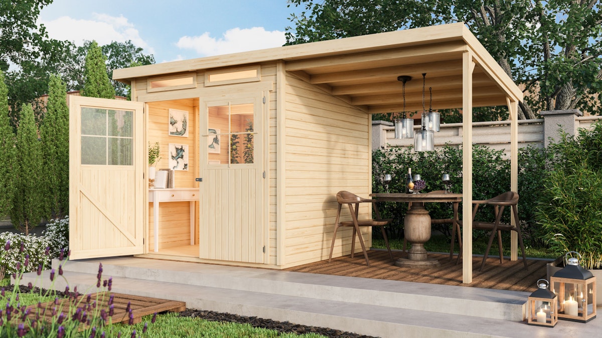 Bild von Karibu Eco Gartenhaus Glücksburg 4 mit 190 cm Schleppdach - 19mm -242 x 217 cm-terragrau 50% Aktions-Rabatt auf Dacheindeckung & gratis Gartenhaus-Pflegebox