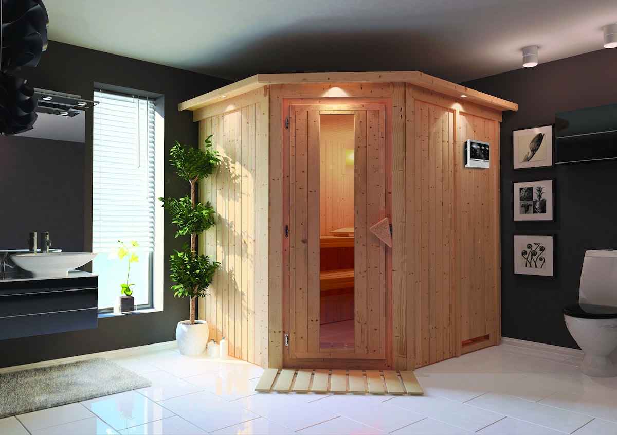 Bild von Karibu Sauna Siirin mit Eckeinstieg 68 mm - Ohne Ofen-Ohne Dachkranz-Klarglas Ganzglastür inkl. 8-teiligem gratis Zubehörpaket (Gesamtwert 191,92€)