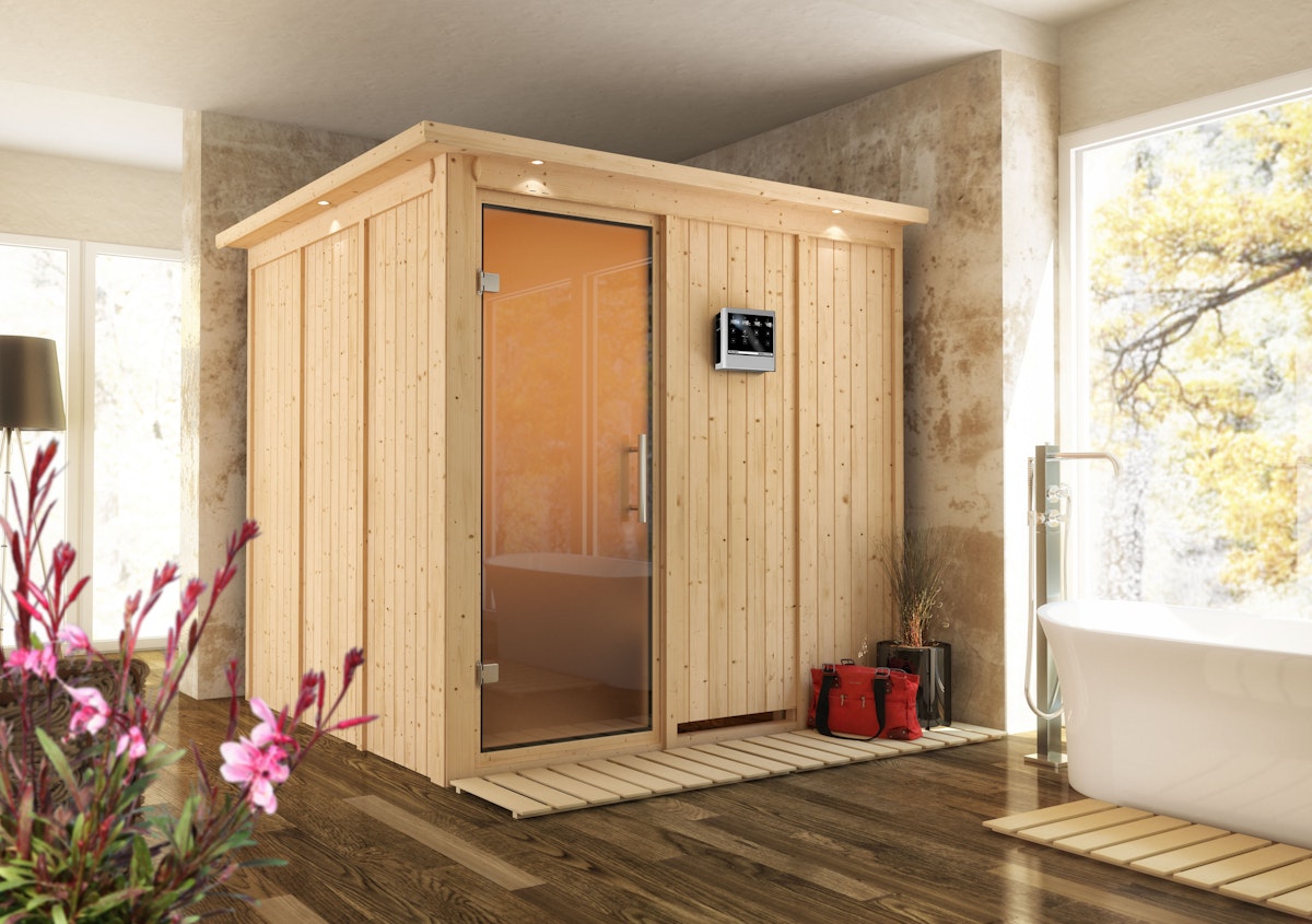 Bild von Karibu Sauna Rodin mit Fronteinstieg 68 mm - 9 kW Ofen integr. Steuerung-Ohne Dachkranz-Klarglas Ganzglastür inkl. 8-teiligem gratis Zubehörpaket (Gesamtwert 191,92€)
